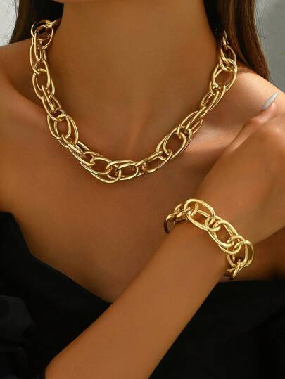1set Multi-Layer Mixed Twist Metal Chunky Chain Necklace And Bracelet