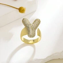 1 chiếc nhẫn hở 26 chữ cái tiếng Anh thời trang phong cách đơn giản châu Âu và Mỹ màu vàng đồng đá Cubic Zirconia Rhinestone hiệu ứng 3D - Vàng - Xem 23