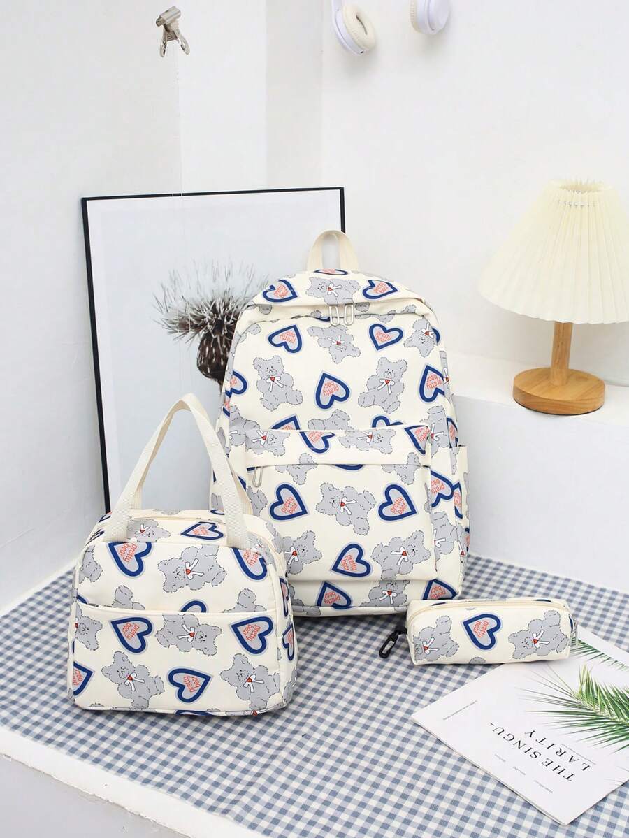 Set de 3 bolsas escolares de vuelta al colegio con mochila, bolso de mano y estuche para lápices con compartimento para portátil. Mochila escolar sencilla y casual de color liso con estampado de corazón, de nailon de calidad, con correa ajustable, impermeable y con múltiples bolsillos, ligera y portátil, ideal para graduados, chicas y adolescentes, para uso en exteriores, viajes, escuela secundaria y universidad.