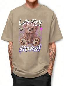 Play Hard Bear Basic T-Shirt 100% Cotton Shirt GPJ1 - 卡其色 - 查看 1