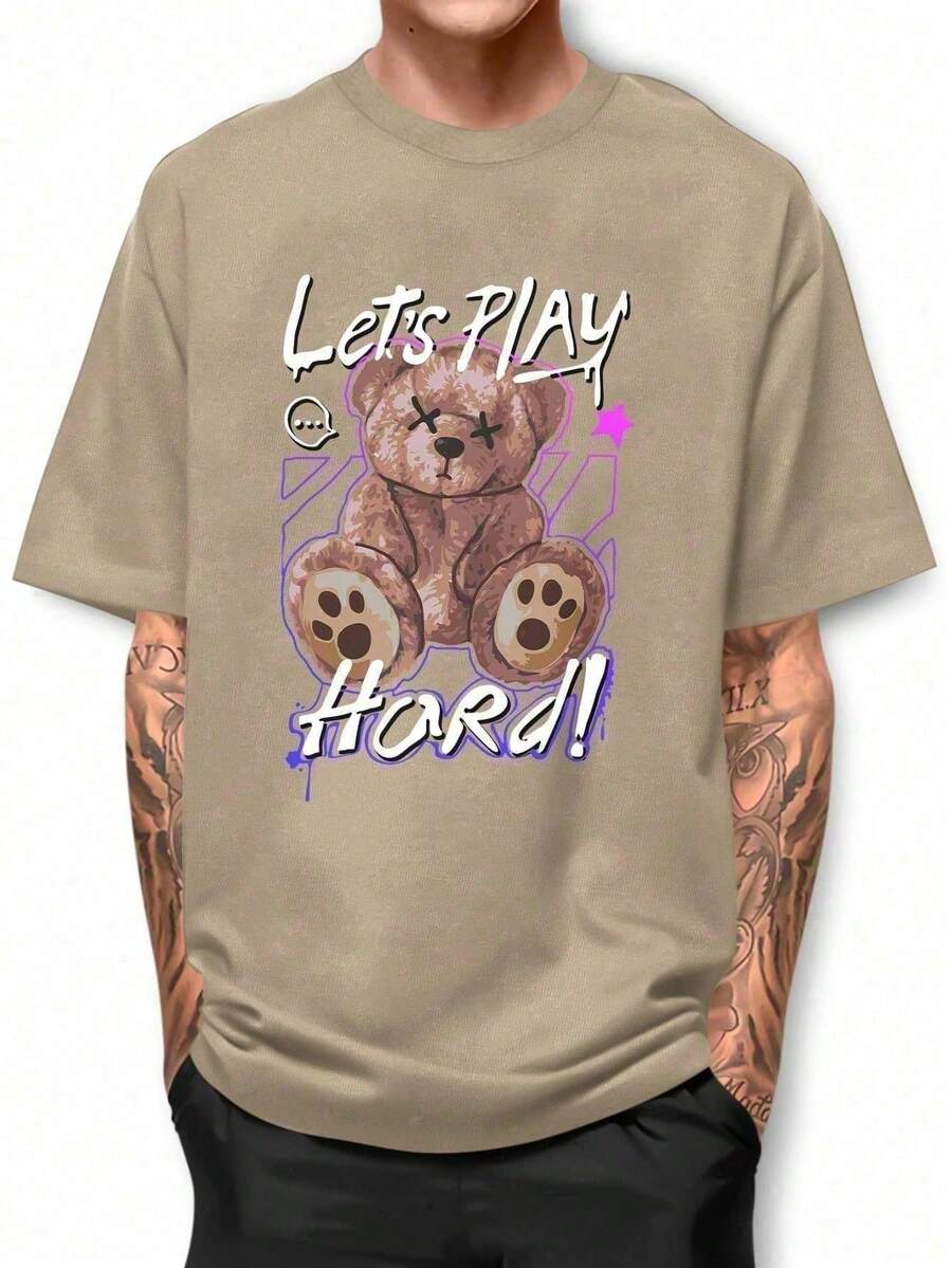 Play Hard Bear Basic T-Shirt 100% Cotton Shirt GPJ1 - 卡其色 - 查看 1