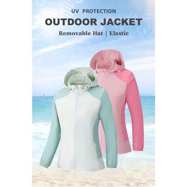 Capa de chuva de montanhismo para mulheres, montanhismo e pesca, à prova d'água e à prova de vento, proteção solar ao ar livre, jaqueta elástica com capuz removível e roupas