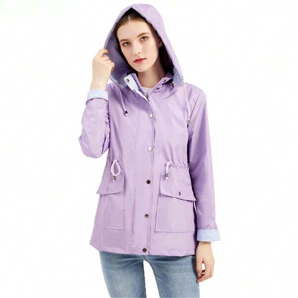 2024 Mulheres Capa de Chuva Roxo Com Capuz Jaqueta Escritório Moda Feminina Jaqueta Chapéu Cintura Removível Cordão À Prova D' Água