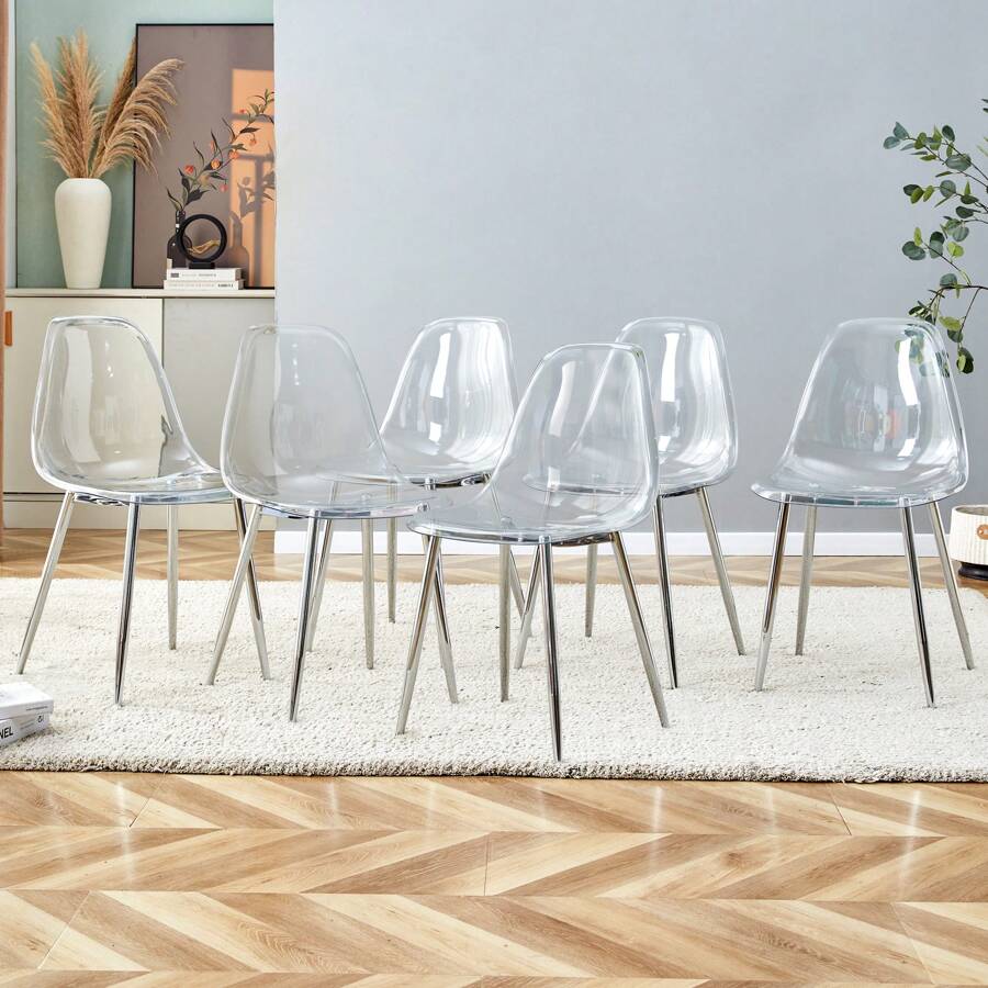 MUUOKY Dining Chairs Set Of 6 Armless Crystal Clear Dining Chairs Modern Plastic Kitchen Chairs,Accent Ghost Chairs With Golden Metal Legs For Kitchen,Dining Room,Living Room,Transparent - 銀色 - 查看 1