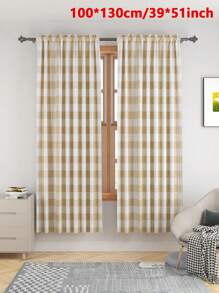 2pcs Modern Simple Khaki Plaid Fabric Curtains For Living Room, Bedroom, Balcony Decor
