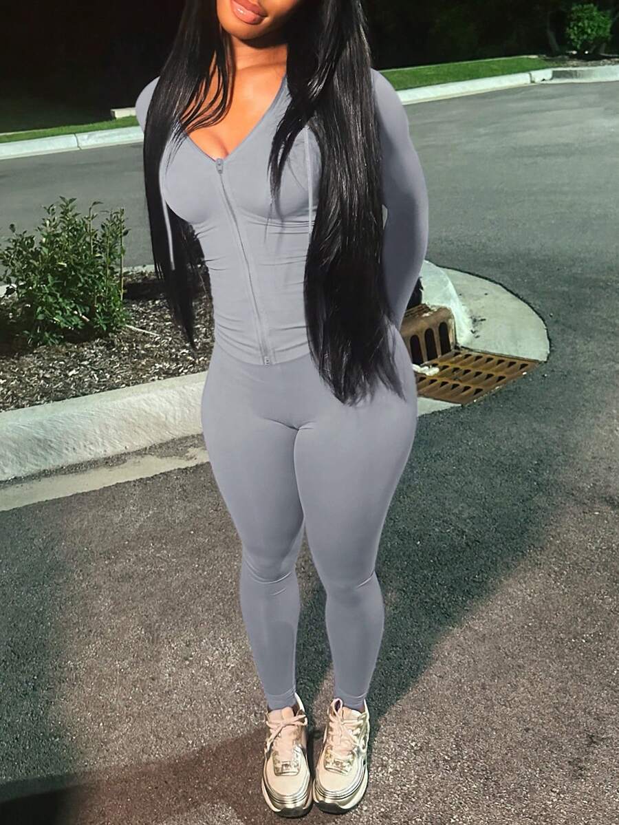 LovelyWholesale 2pcs Women Casual Hooded Long Sleeve Drawstring Zip Up Top And Slim Fit Pants Set, Autumn - Grey - View 1