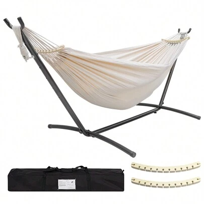 SZHLUX Double Hammock With Stand Included 450lb Capacity Steel Stand, Premium Carry Bag Included And Two Anti Roll Balance Beam