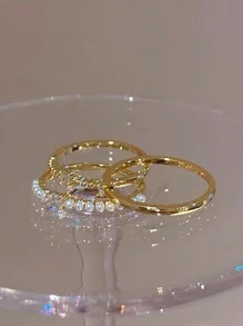 5pcs Elegant Minimalist Luxurious CZ & Faux Pearl Heart Decor Fashion Ring Set For Women Valentines,Mom,Mother,Mother's Day,Gift - Yellow Gold - View 5