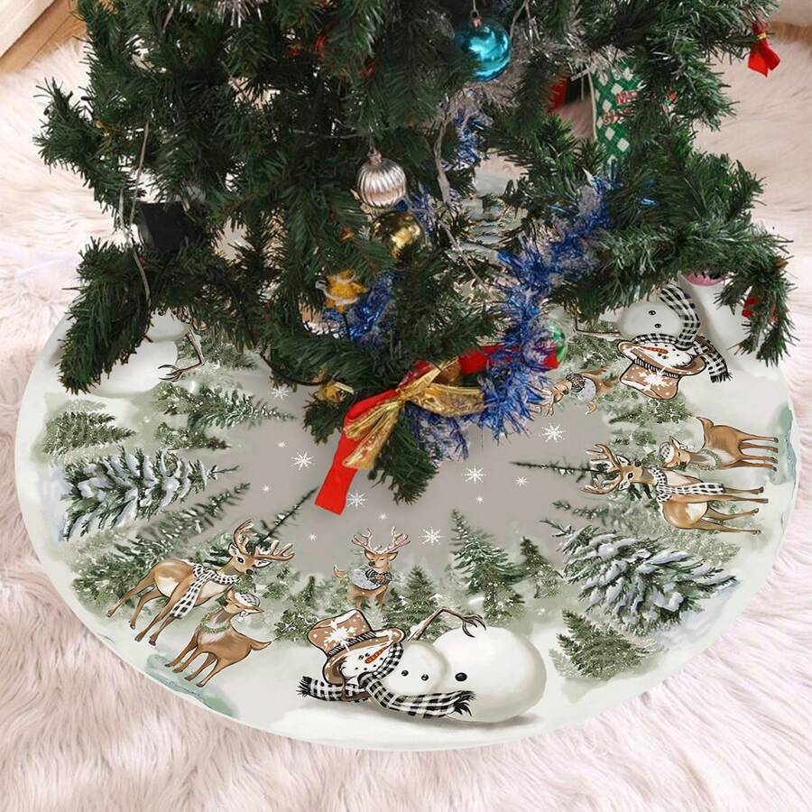 1pc Christmas Tree Skirt, Vintage Country Style Snowman & Deer Design, Suitable For Christmas Tree Tabletop Decoration - Multicolor - View 1