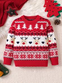 Young Girl Christmas Autumn/Winter Sweater With Deer Pattern - Red - View 1