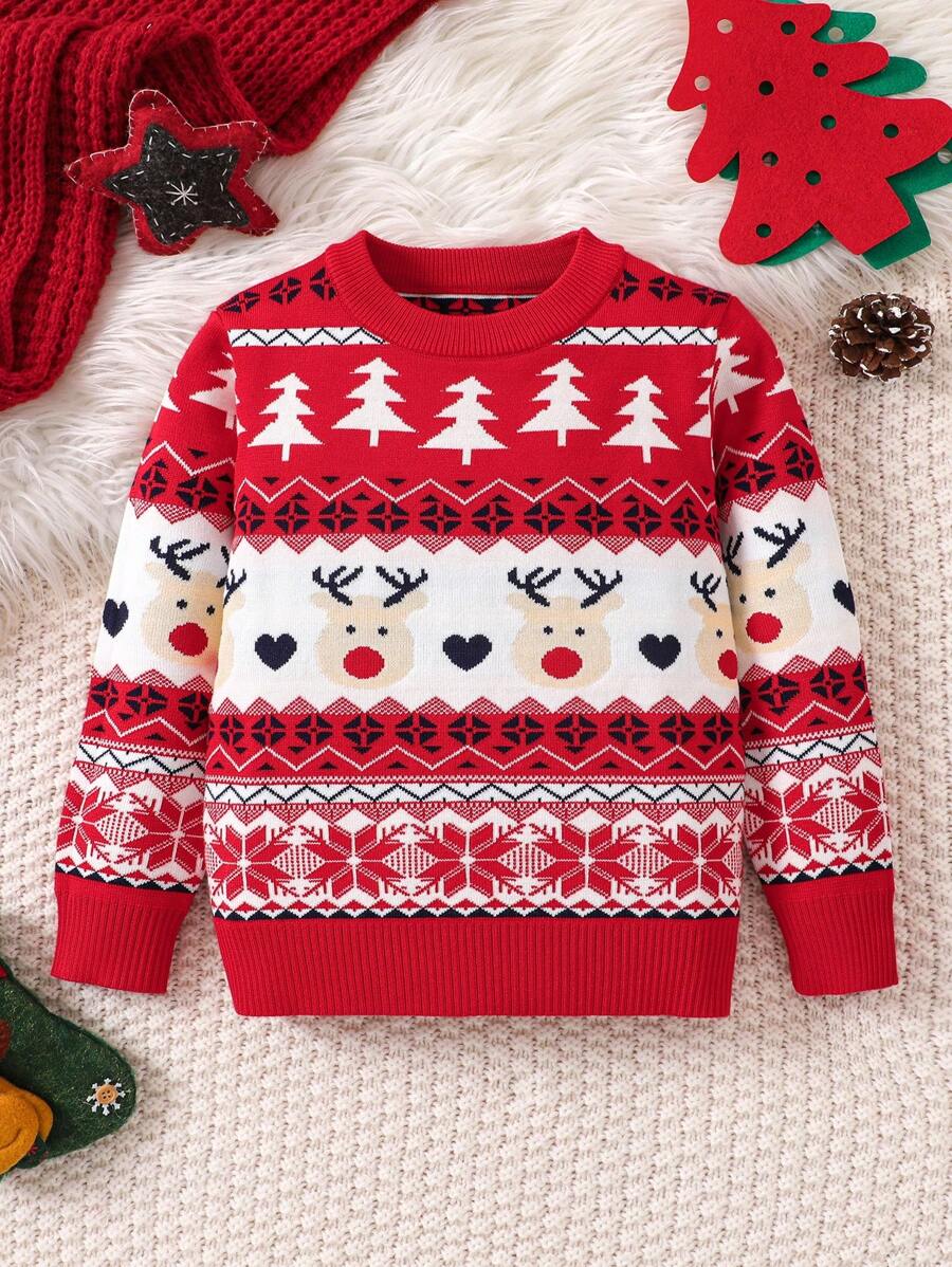 Young Girl Christmas Autumn/Winter Sweater With Deer Pattern - Red - View 1
