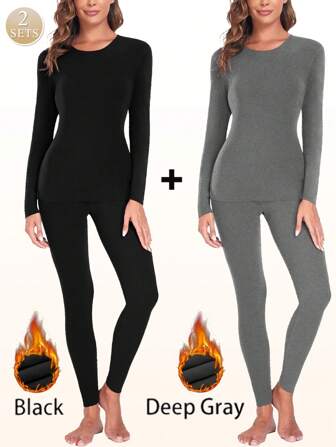 2SETS Women's Thermal Underwear Long Sleeve And Pants Set, Soft Easy-To-Cut Thermal Lined , Cold Weather Base Layer, Fall / Winter