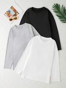 Women's Simple Solid Color Knitted Round Neck Long Sleeve T-Shirt 3-Pieces Set, Fall Clothes, Cozy - 彩色 - 查看 1