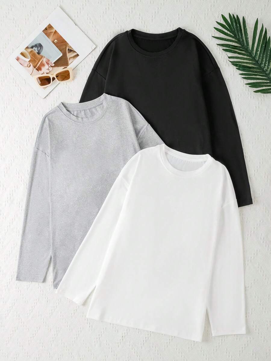 Women's Simple Solid Color Knitted Round Neck Long Sleeve T-Shirt 3-Pieces Set, Fall Clothes, Cozy - 彩色 - 查看 1
