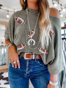 亮片橄榄球图案船领蝙蝠袖条纹衬衫