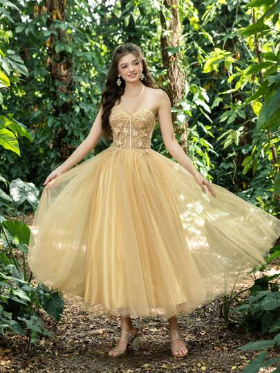  Faeriesty Prom Dresses Elegant Floral Applique Detail Bodice Contrast Tulle Hem Strapless Homecoming Prom Dress Perfect For Back To School, Gathering, Dance & Birthday Parties