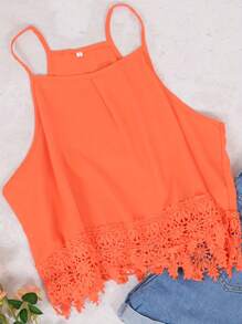 Solid Crochet Lace Hem Halter Neck Cropped Summer Top For Women - Coral Pink - View 5