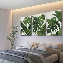 BAEMEFLE 客厅墙壁艺术绿叶简约生活画卧室墙壁装饰龟背竹植物3幅帆布艺术画热带绿色自然画装饰家居装饰办公室装饰 - 彩色 - 查看 4