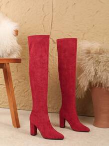 女士时尚通勤、百搭派对、户外休闲、过膝弹力靴、新款秋冬女靴、性感、圆头高跟鞋、紧身靴、红色绒面革粗跟高筒靴 - 酒紅色 - 查看 4