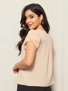 Women's Short Sleeve Blouse With Ribbed And Braided Sleeves - Màu be - Xem 2