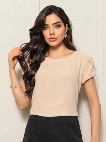 Women's Short Sleeve Blouse With Ribbed And Braided Sleeves - Màu be - Xem 4