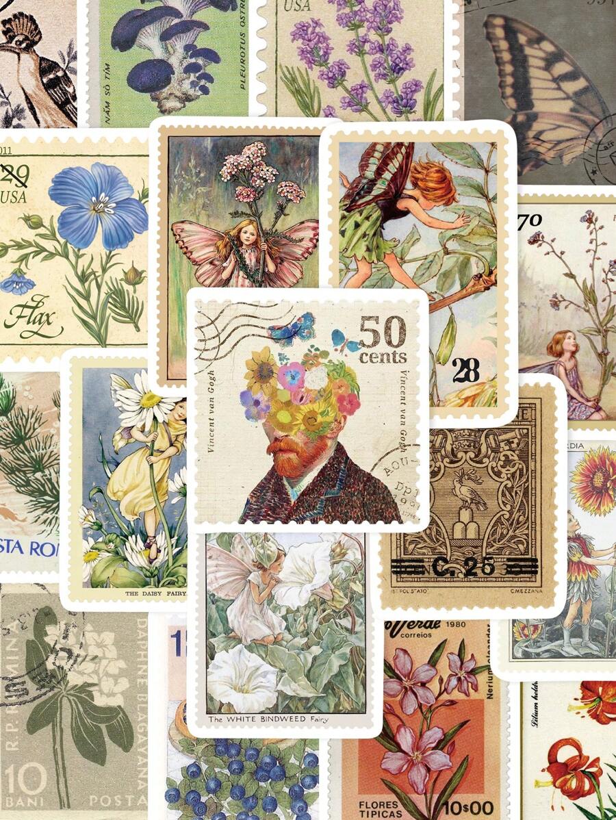 50 miếng dán tem phong cách cổ điển, thiết kế thực vật, động vật, hoa, chân dung để trang trí sổ lưu niệm, ốp điện thoại, sổ tay, hành lý - Nhiều màu - Xem 1