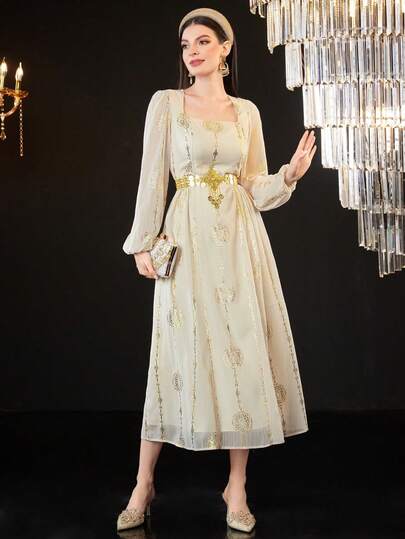 Vestido elegante de cuello cuadrado, manga larga, cintura alta con estampado de lámina