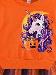 Vestido de festa de Halloween para meninas, abóbora e unicórnio, estampa de manga comprida, malha com babados, lindo vestido para festa de fim de ano