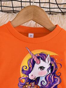 Vestido de festa de Halloween para meninas, abóbora e unicórnio, estampa de manga comprida, malha com babados, lindo vestido para festa de fim de ano
