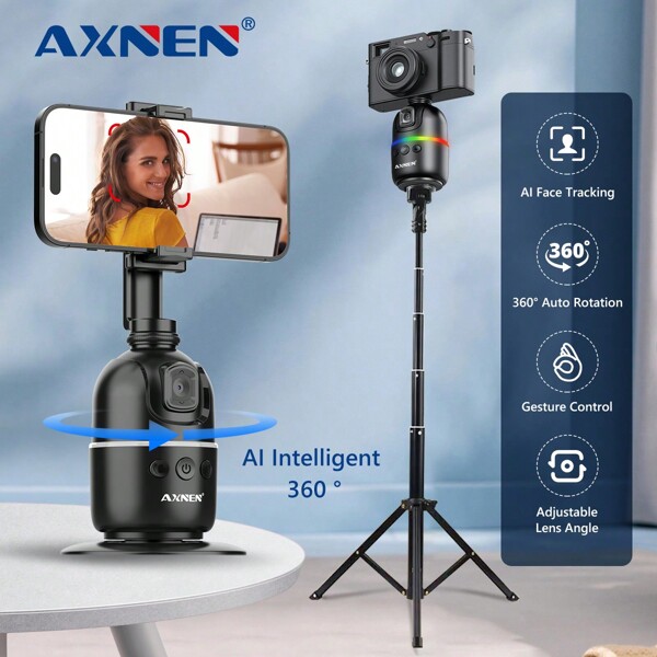 AXNEN AI Gimbal Stabilizer For Mobile Phone 360 Auto Face Tracking Desktop Follow-Up Gimbal Stand For Camera Action Cameras, Optional Remo For Summer Vacation, Travel, Outdoor Activities, Live Streaming Selfie Stick, Tripod Stand