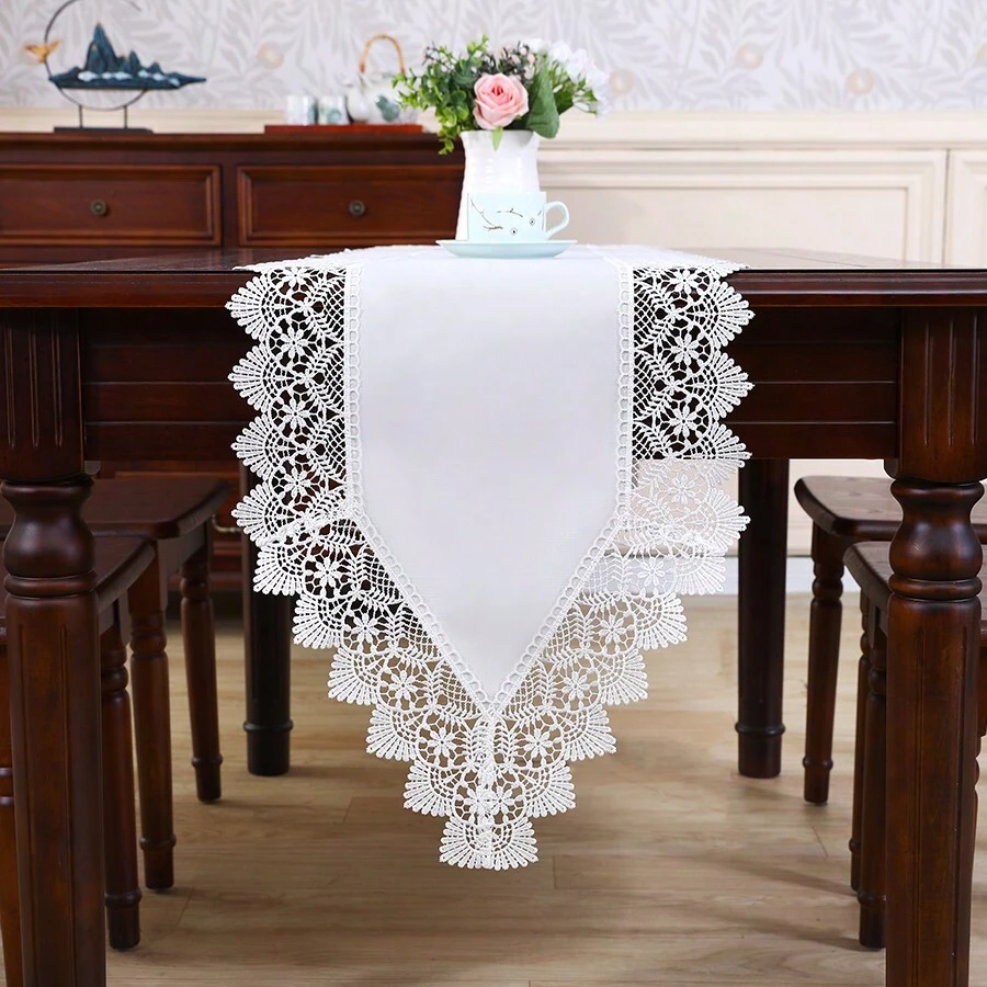 1PC, Đường chạy bàn đơn giản bằng polyester, Thiết kế ren hòa tan trong nước tinh tế, Đường chạy bàn cà phê macrame, Bố trí tiệc cưới thanh lịch theo phong cách Boho, Đường chạy bàn ngoài trời mùa hè theo phong cách trang trại, Trang trí nhà bếp gia đình. - trắng - Xem 1
