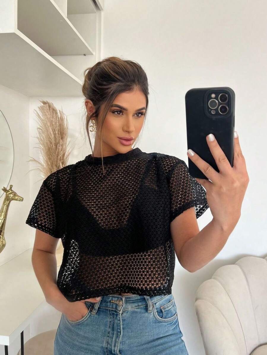 2-Piece Set Cropped + Plain Top With Padded Cup And Adjustable Straps Fishnet Blouse Mesh Short Sleeve Shirt Blogger Summer - màu đen - Xem 1