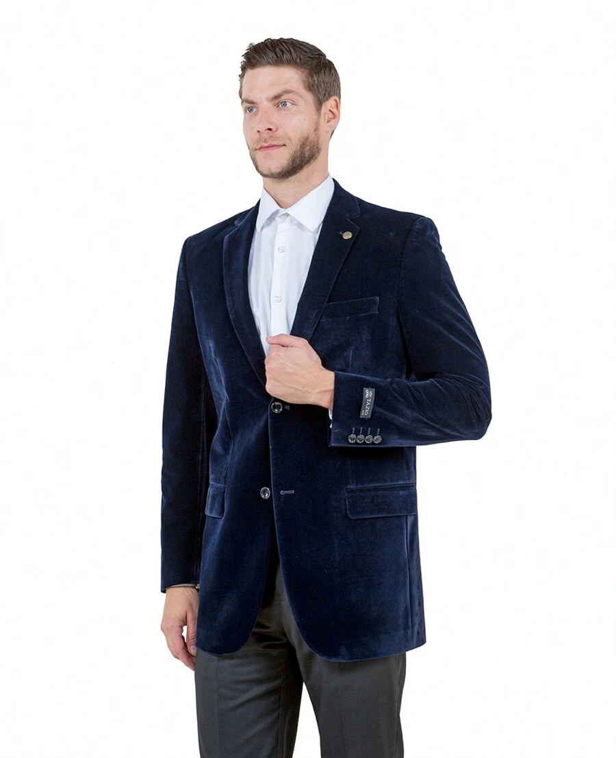 Mens Modern Fit Velvet Notch Lapel With Satin Trim Jacket - 藏蓝色 - 查看 1