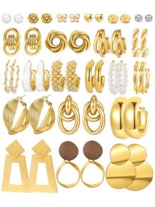 10-22 件时尚优雅复古仿珍珠花朵蝴蝶结心形几何圆形不对称夸张金属耳环套装，适合节日聚会约会日常佩戴礼物 - 金黃色 - 查看 1