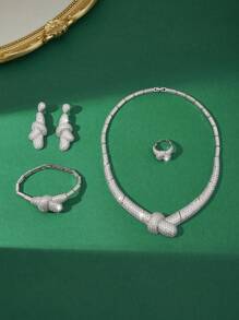 4Pcs Fashionable Popular Cute Luxury Geometric Cubic Zirconia Jewelry Set, Include Necklace, Bracelet, Ring, Earrings, Suitable For Daily Wear, Gifts For Girlfriend, Friends, Formal Dress, Wedding Gown Accessory