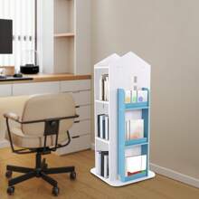 Bookcase 360° Rotating Bookshelf Multifunctional Bookcase Solid Wood 4 Tiers Home Design Corner Bookshelf For Kids Suitable For Living Room And Children's Library - 藍色 - 查看 2