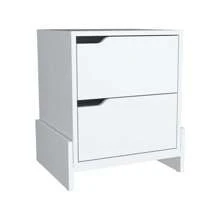 White Modern Easy-To- Install Bedside Nightstand With 2-Drawers, With Openwork Gola Handles, With Floor Fixing With Two Sturdy Particle Board Legs