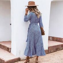 Floral Print Wrap Midi Dress - 藍色 - 查看 2