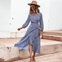 Floral Print Wrap Midi Dress - 藍色 - 查看 4