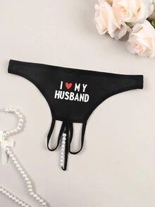 女士黑色性感开裆内裤印花丁字裤性感带珍珠装饰开裆内裤 - 黑色 - 查看 3