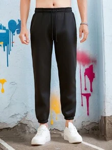 Calças de moletom grossas masculinas estilo namorado com forro térmico, calças esportivas casuais quentes com amarração no tornozelo para outono e inverno