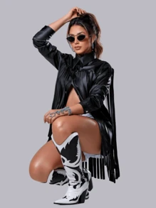 Lalita Fringed Leather Shirt - màu đen - Xem 2