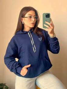 Simple Heart Sweatshirt Kangaroo Pocket Hooded Men's And Women's Sweatshirt Women's Tumblr Heart Cold Weather Blouse Streetwear Premium Coat 7061 - Màu xanh hải quân - Xem 1