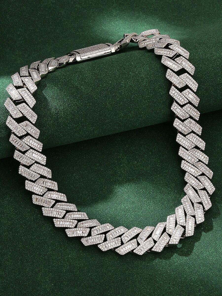 1 件优质宽 23 毫米闪亮铜链方晶锆石冰晶项链 + 手链套装，无限朋克风格说唱歌手嘻哈珠宝，奢华周年纪念情人节礼物 - 精工爆閃寬面梯方白金手鍊 - 查看 1