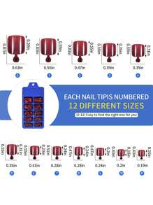 100片亮面假脚趾甲，12种尺寸/盒，酒红色，按压式，全覆盖，短方形假脚趾甲，人造亚克力美甲贴纸，女士美甲用品 - 酒紅色 - 查看 5