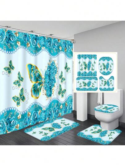 1pc/4pcs Elegant Blue Butterfly Rose Bathroom Set, Waterproof Shower Curtain With 12 Hooks, Non-Slip Bath Mat, Toilet U-Shape Mat, Toilet Cover Mat, Bathroom Decor, Bathroom Curtain Set Fall Decor Bathroom Accessories Back To School