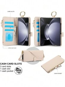 Custodia portafoglio in pelle PU compatibile con Samsung Galaxy Z Fold 6 5 4 3 5G, porta carte di credito con schermatura RFID, cerniera, borsa per telefono, custodia a libro a tracolla, multiuso per uomo e donna - Bianco - Visualizzare 3