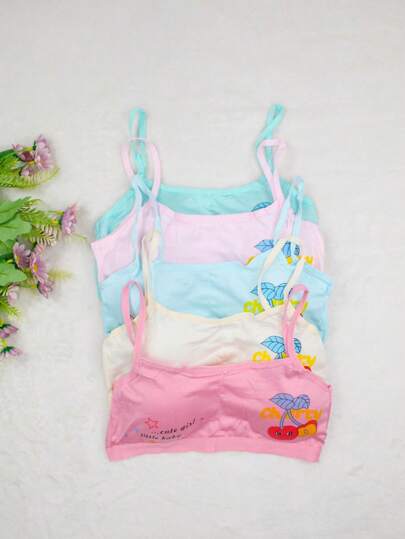 2 Corpiños de algodón, para niña, con almohadillas extraíbles, diseño de cerezas, diversos colores, suaves y confortables. (Los colores se envían al azar)