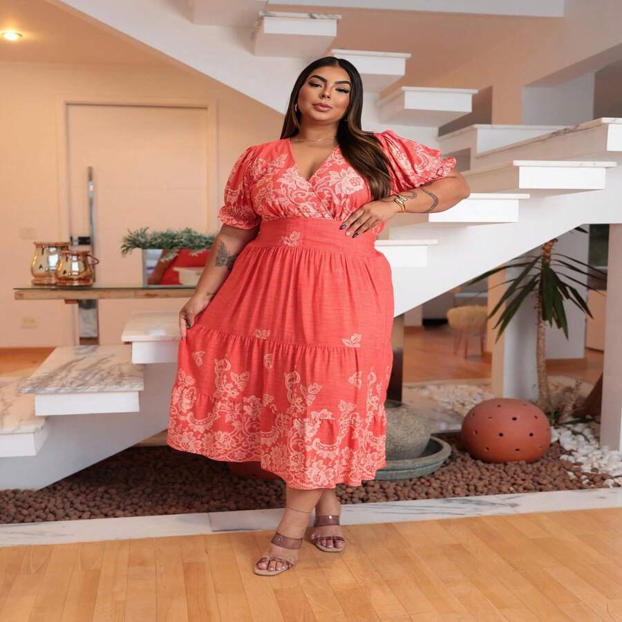 Printed Plus Size Midi Dress - 乾枯玫瑰色 - 查看 1