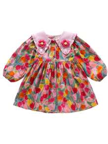 Young Girl Long Sleeve Dress, Cute French Style Flower Pattern Kid's Clothing, Children's Apparel, Suitable For Spring/Autumn